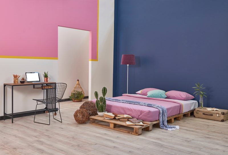 modern teen girl bedroom home design with blue and pink wall decoration