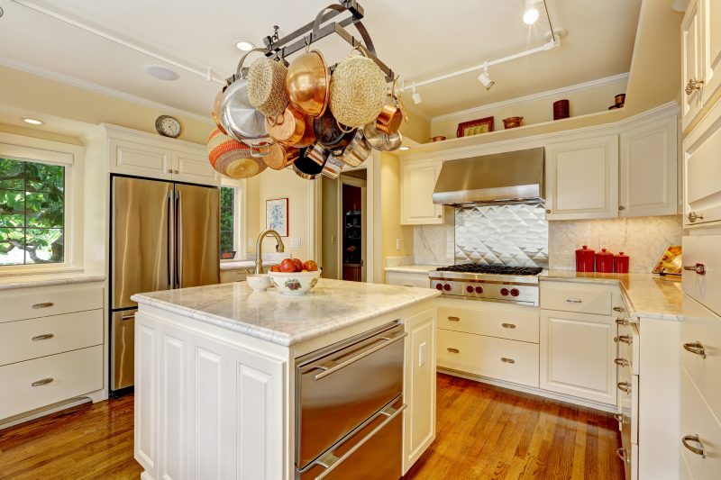 Kitchen island and hanging pot rack 