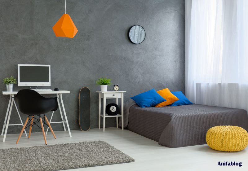 bedroom with grey walls and white