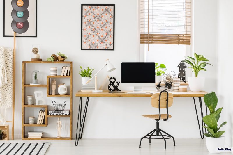 Large industrial desk with a wooden bookcase