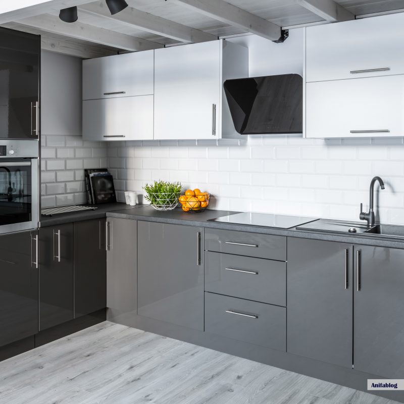 Modern kitchen with white brick tiles design