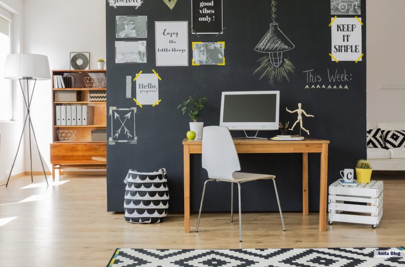 home office with blackboard wall